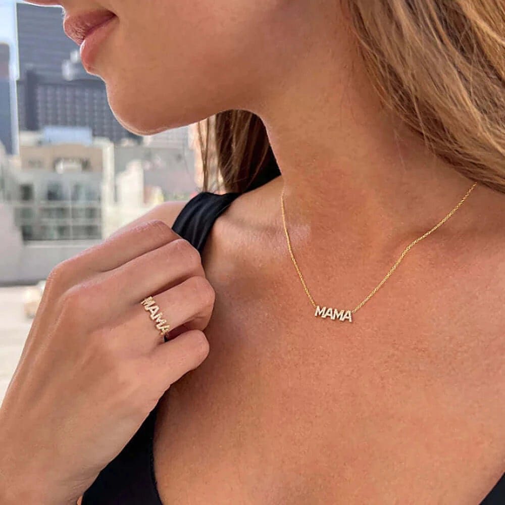 18K gold-plated 925 sterling silver necklace featuring a 'MAMA' design adorned with white 5A zirconia